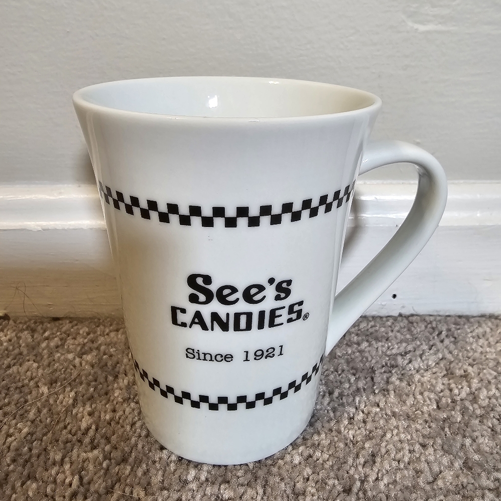 See's Candies Since 1921 Mug Cup White Black & White Checkered Coffee 12 oz